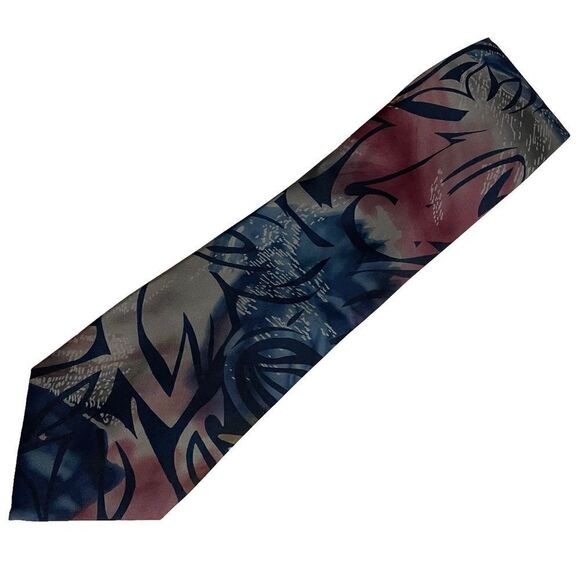 Grey red and blue abstract leaf pattern silk neck tie - Picture 4 of 6